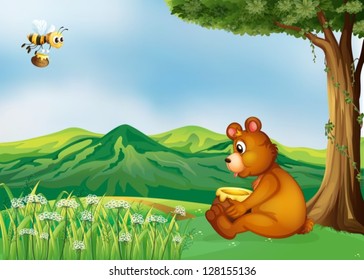 Illustration of a bear sitting near a tree
