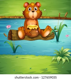 Illustration of a bear sitting on a dry wood in a river
