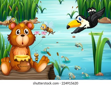 Illustration of a bear sitting on a log with a pelican