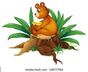 Ilustración de un oso sentado sobre un trozo de hojas sobre un fondo blanco