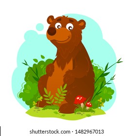 Illustration of a bear sitting on the stump in the bushes and wild herbs. Piccture of a wild animal in its own habitat. Children illustration.