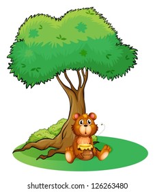 Illustration of a bear sitting under a big tree on a white background