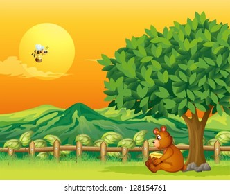 Illustration of a bear sitting under a big tree
