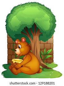 Illustration of a bear sitting under a big tree on a white background