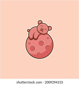 illustration of a bear sleeping on a planet in cartoon style