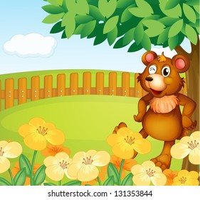 Illustration of a bear standing near the flowers