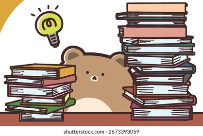 Illustration of a Bear Surrounded by Many Books Having an Idea