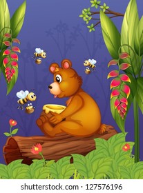 Illustration of a bear with three bees in the forest