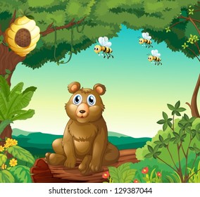 Illustration of a bear and the three bees in the forest