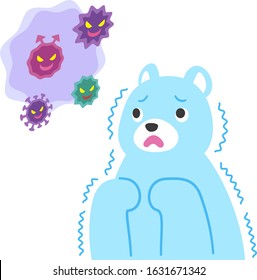 Illustration of a bear trembling and scared of various viruses floating in the air