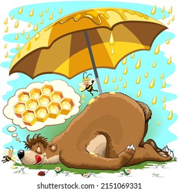 illustration of a bear with un umbrella dreaming about honey