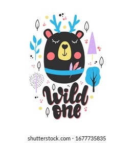 Ilustración del oso. Vector con letras Wild One. Diseño de tarjetas, ropa y otros artículos