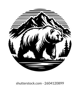 Illustration of a bear walking in front of a mountain, black and white logo design