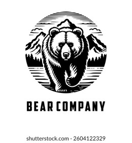 Illustration of a bear walking in front of a mountain, black and white logo design