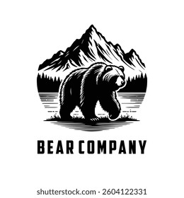 Illustration of a bear walking in front of a mountain, black and white logo design