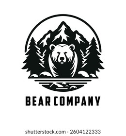 Illustration of a bear walking in front of a mountain, black and white logo design