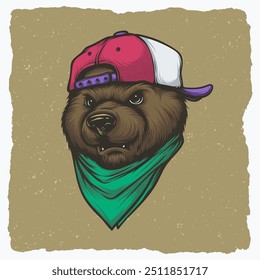 Illustration of a Bear Wearing Backwards Hat and Bandana