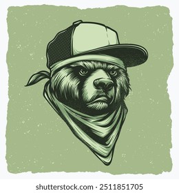 Illustration of a Bear Wearing a Hat, Bandana and Scarf