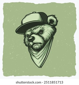 Illustration of a Bear Wearing a Hat and Bandana Scarf