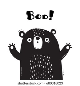 Illustration with bear who shouts - Boo. For design of funny avatars, welcome posters and cards. Cute animal in vector.