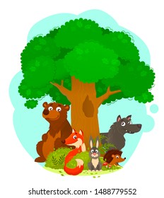 Illustration of bear, wolf, fox, here, hedgehog standing nex to oak tree, in the bushes and wild herbs. Piccture of a wild animals in its own habitat. Children illustration.