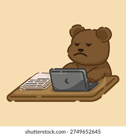 Illustration of a bear working in front of a laptop with a pile of papers on the table working hard