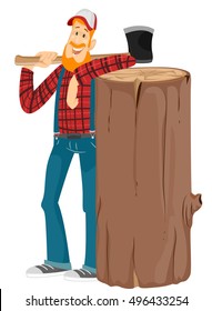 Illustration of a Bearded Caucasian Lumberjack in a Cap and Plaid Shirt Standing Beside a Giant Log