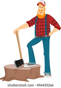 Illustration of a Bearded Caucasian Lumberjack in a Cap and Plaid Shirt Standing on a Giant Stump