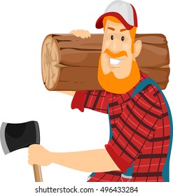 Illustration of a Bearded Caucasian Lumberjack in a Cap and Plaid Shirt Carrying a Log on His Shoulders