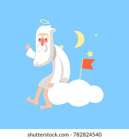Illustration of bearded god character sitting on white cloud and surrounded with night stars, moon and red flag. Flat vector isolated on blue.