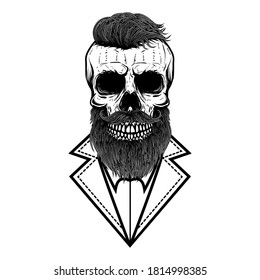 Illustration of bearded hipster skull in vintage monochrome style. Design element for logo, emblem, sign, poster, card, banner. Vector illustration