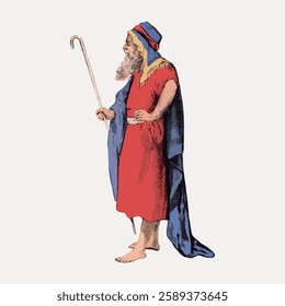 Illustration of a bearded man in ancient attire, holding a staff. He wears a red robe and blue cloak, embodying a historical or biblical figure. Vintage illustration isolated on white, vector.