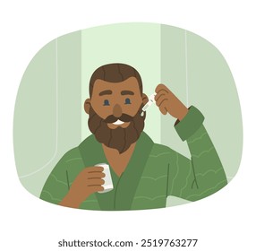 Illustration eines bärtigen Mannes in einem Badezimmer, der Bartöl mit einem Tropfer aufträgt, während er eine Flasche hält und ein grünes Gewand trägt.