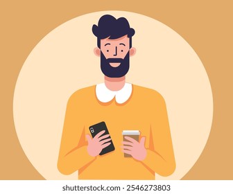 Illustration of a bearded man holding a smartphone and coffee cup

