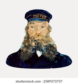 Illustration of a bearded man in a postal uniform with a cap labeled 'Postes'. The artwork features a detailed beard and uniform, highlighting a postal theme. Vintage art illustration, vector.