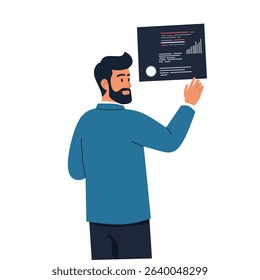 illustration of a bearded man presenting data on a chart. Business concept of analytics, performance review, and teamwork. Corporate man giving a presentation in an office setting