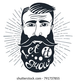 Illustration with bearded man and quote "Let it grow". Can be used as a print on t-shirts and bags, stationary or as a poster.