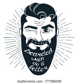 Ilustración con barbudo y cita "Los hombres con barba lo hacen mejor". Se puede usar como una impresión en camisetas y bolsas, papelería o como afiche.