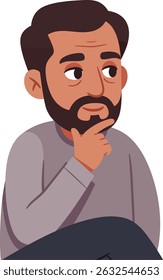 Illustration of a bearded man sitting with hand on chin, looking to the side as if pondering or reflecting, representing deep thought and consideration. Calm mood.