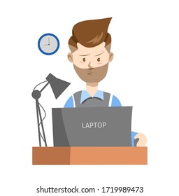 illustration of a bearded man work behind the laptop