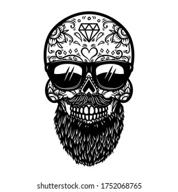 Illustration of bearded mexican sugar skull in sunglasses. Design element for poster, card, banner, logo, label, sign, badje, t shirt. Vector illustration