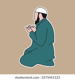 Illustration of a Bearded Muslim Man in Green Praying with Raised Hands, Islamic Spiritual Illustration