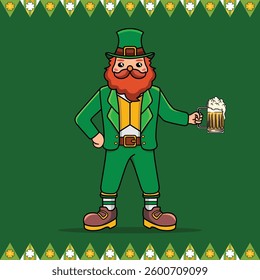 The Illustration Of Bearded and Mustache Holds A Glass Of Beer With His Left Hand To Celebrate St Patrick