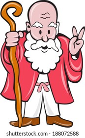 Illustration Of A Bearded Old Man Holding Staff And Showing Peace Sign Viewed From Front On Isolated Background Done In Cartoon Style.