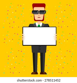 illustration of bearded serious businessman with sunglasses holding empty banner in his hand