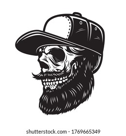 Illustration of bearded skull in baseball cap in engraving style. Design element for logo, emblem, sign, poster, card, banner. Vector illustration