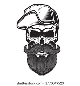 Ilustración del cráneo barbudo con gorra de béisbol en estilo grabado. Elemento de diseño para logotipo, emblema, signo, afiche, tarjeta, pancarta. Ilustración del vector
