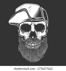 Illustration of bearded skull in baseball cap in engraving style. Design element for logo, emblem, sign, poster, card, banner. Vector illustration