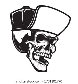 Illustration of bearded skull in baseball cap in engraving style. Design element for logo, emblem, sign, poster, card, banner. Vector illustration