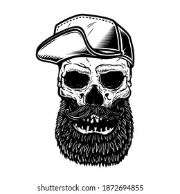 Illustration of bearded skull in baseball cap. Design element for logo, label, sign, poster. Vector illustration